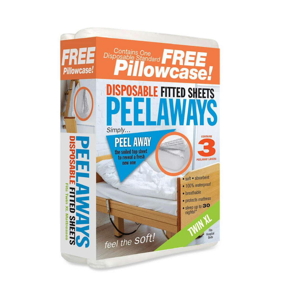 Peelaways Multi-Layer Disposable & Waterproof Fitted Sheets for Twin XL include 3 peelable layers, a free pillowcase, and caregiver-friendly packaging. Enjoy soft, absorbent, waterproof protection for up to 30 nights.